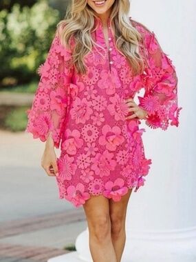 J.Marie Seraphina Pink Floral 3D Lace 3/4 Sleeve Kaftan Shift Short Dress (NWT)